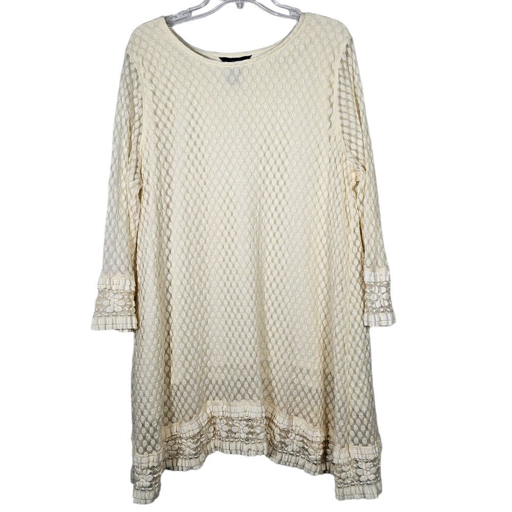 Ali Miles Womens 2X Cream Lace Lined Tunic Top 3/4 Sleeve Lagenlook Flowy Career